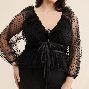 Anthropologie 4SI3NNA Chantria Polka Dot Tie Front Top Plus Size 3X Black